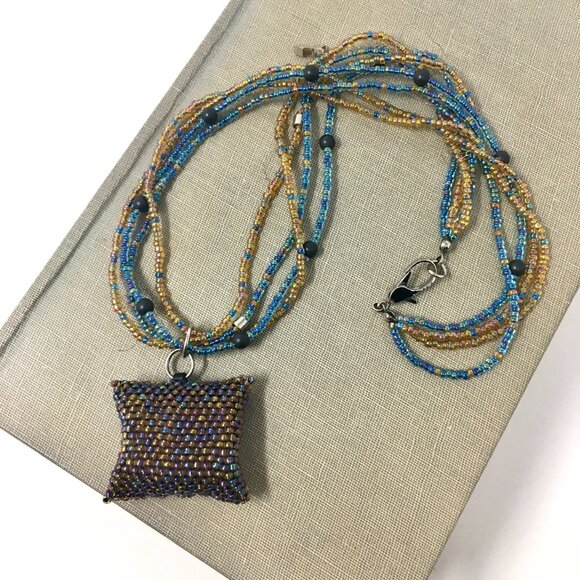 Handmade Iridescent Square Seed Bead Pouch Multi-Strand Matte Hematite Necklace - Picture 6 of 16